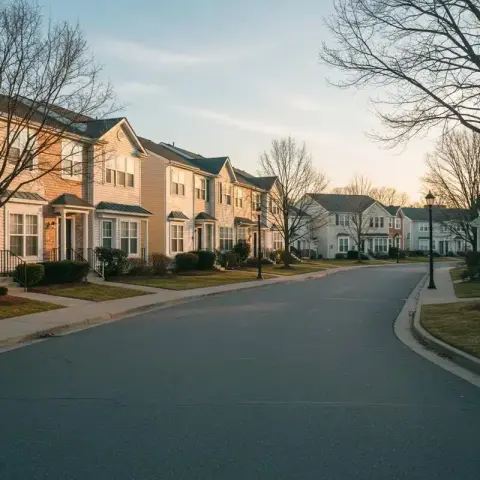 Quiet residential street in Frederick Maryland lined with townhomes and bare trees at golden hour