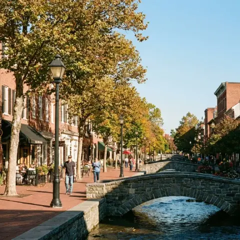 Downtown Frederick Maryland historic district with brick storefronts along Market Street and Carroll Creek Linear Park on a sunny afternoon