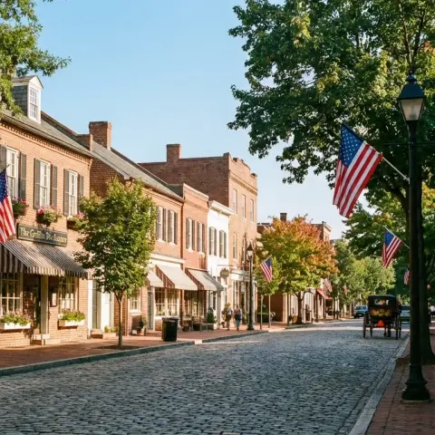Historic downtown Fredericksburg Virginia with brick storefronts and tree-lined streets