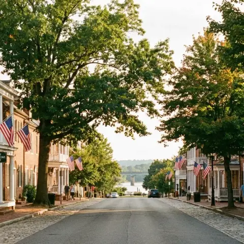 Historic brick buildings and tree-lined street in Fredericksburg Virginia
