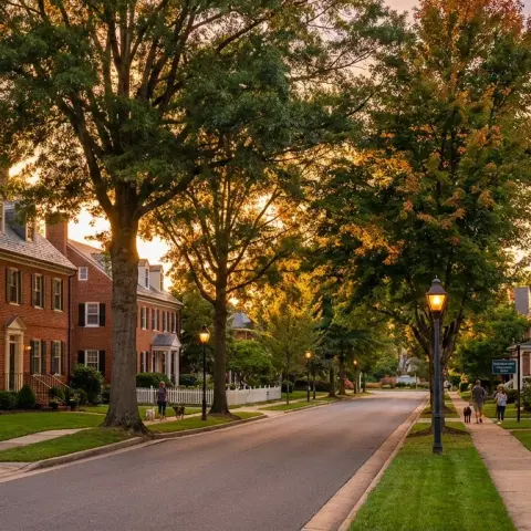 Charming residential street in Fredericksburg Virginia with colonial red-brick homes and mature trees