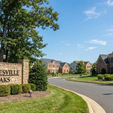 Suburban neighborhood entrance in Gainesville Virginia with colonial style homes and mature trees in Prince William County