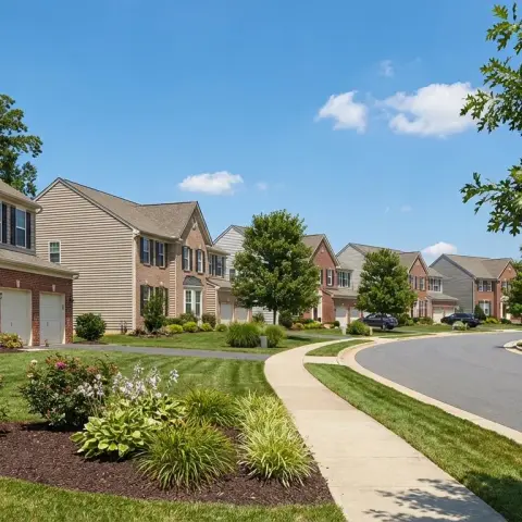 Suburban street in Gainesville Virginia with colonial-style homes, mulch beds, and mature trees in a master-planned community