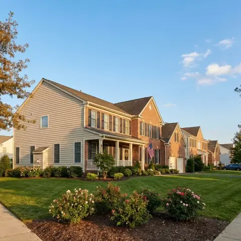 Charming suburban neighborhood street in Gainesville Virginia with well-maintained homes and mature trees