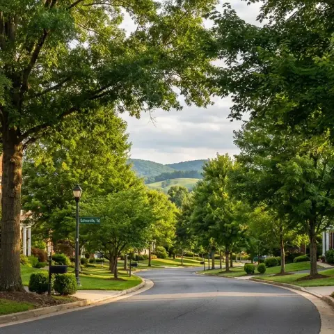 Tree-lined suburban street with brick colonial homes and lush green landscaping in Gainesville, Virginia
