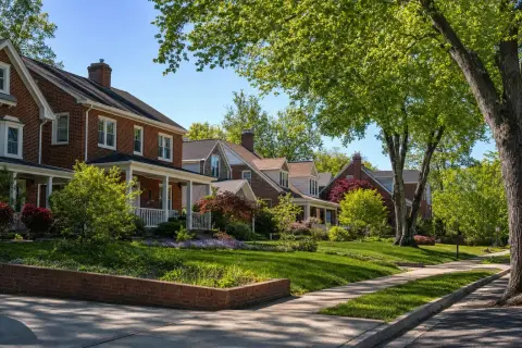 Tree-lined residential street in Gaithersburg Maryland with brick-front colonial homes and mature oaks