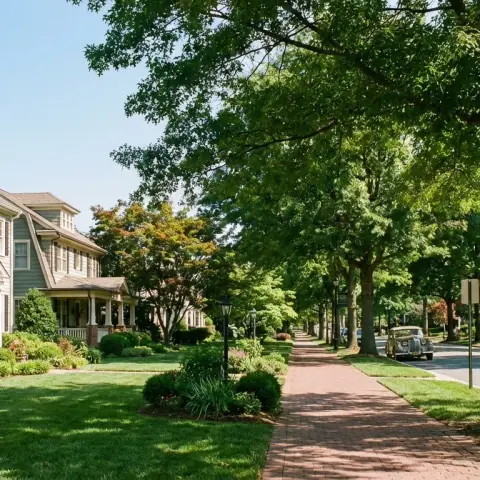 Tree-lined residential street in Olde Towne Gaithersburg Maryland with colonial-style homes and lush green landscaping