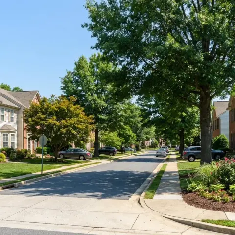Suburban neighborhood street in Germantown Maryland with townhomes, mature trees, and well-maintained landscaping