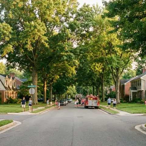 Tree-lined suburban street in a Germantown, Maryland neighborhood on a warm summer evening