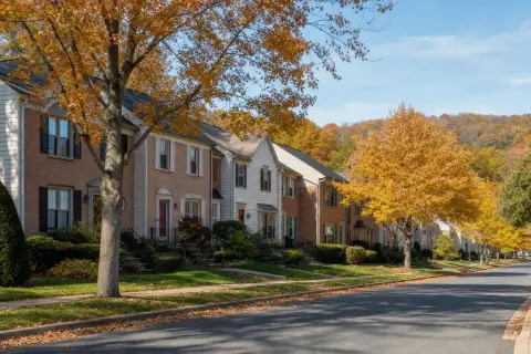 Tree-lined street of 1980s brick and vinyl townhomes in Germantown, Maryland on a clear autumn day