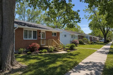Row of post-war brick and sided ramblers with mulched beds, wooden front steps, and a large mature street tree in Glen Burnie, Maryland