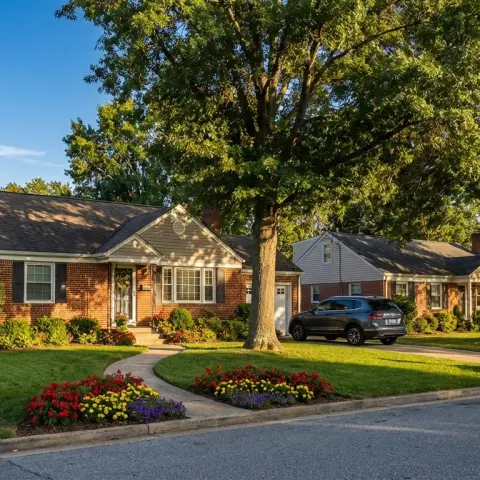 Well-maintained brick ranch home in Glen Burnie Maryland with mature oak tree, colorful flower beds, and modern SUV in the driveway on a warm afternoon