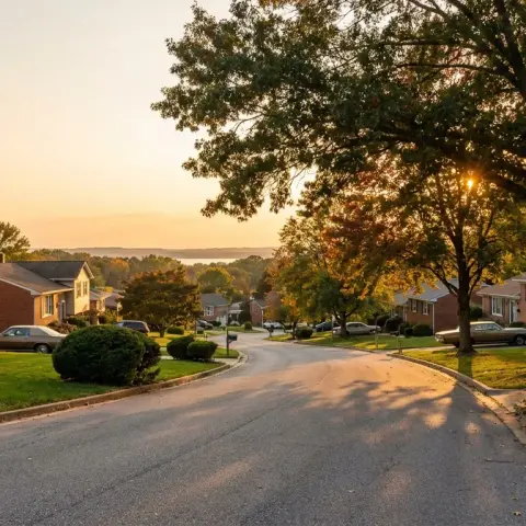 Charming suburban street in Glen Burnie, Maryland with mature trees and well-kept homes