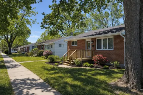 Street of post-war brick and sided one-story homes with wooden front steps and mature oak trees in Glen Burnie, Maryland