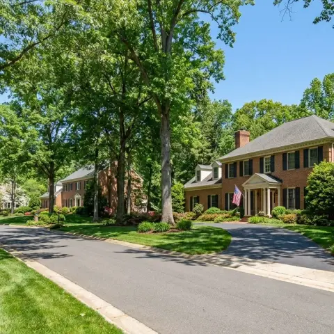 Tree-lined residential estate street with large colonial brick homes in Great Falls, Virginia
