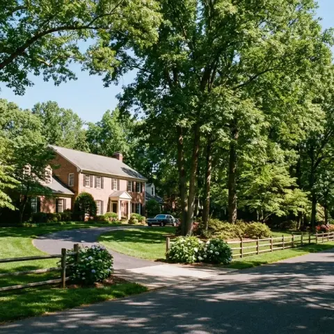 Upscale estate home on a wooded lot in Great Falls Virginia with mature trees and split rail fencing