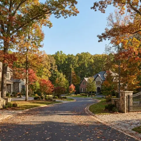 Scenic wooded residential street in Great Falls Virginia with estate homes and mature oak trees