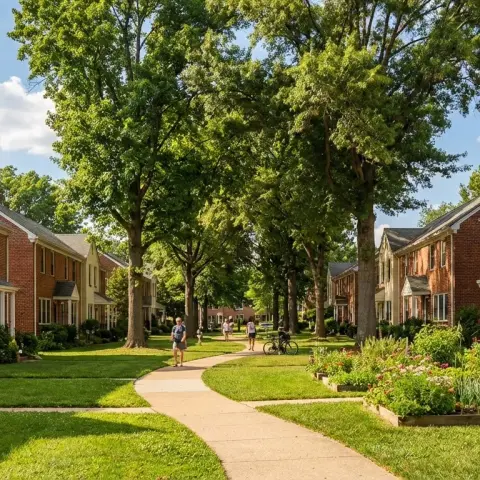 Tree-lined neighborhood walkway in Greenbelt Maryland with brick row homes and mature canopy trees