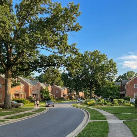 Tree-lined residential neighborhood in Greenbelt, Maryland with historic rowhouses and green lawns