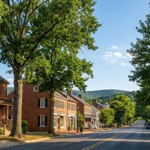 Tree-lined street in historic downtown Haymarket Virginia with colonial brick buildings and Bull Run Mountain foothills in the background