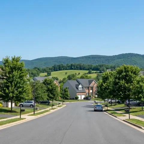 Suburban neighborhood in Haymarket Virginia with colonial homes, mature trees, and Bull Run Mountains in the background