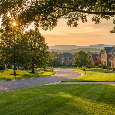Suburban neighborhood street in Haymarket Virginia with colonial brick homes and mature trees in the piedmont hills