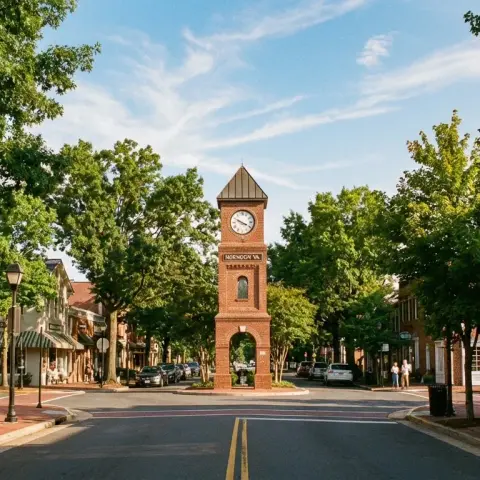 Historic downtown Herndon Virginia town center with brick buildings, mature shade trees, and charming storefronts