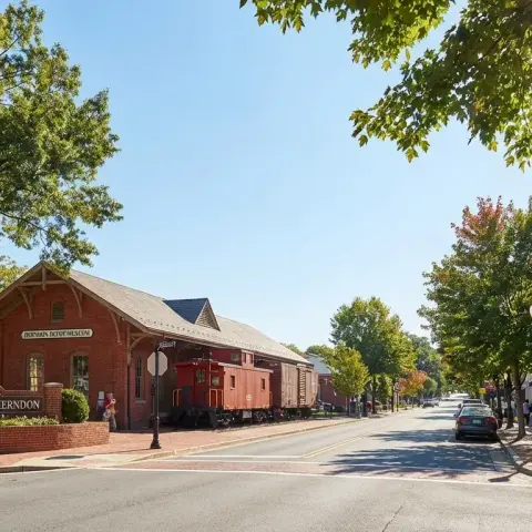 Charming downtown Herndon Virginia streetscape with brick storefronts, mature trees, and the historic Herndon Depot Museum area on a clear day