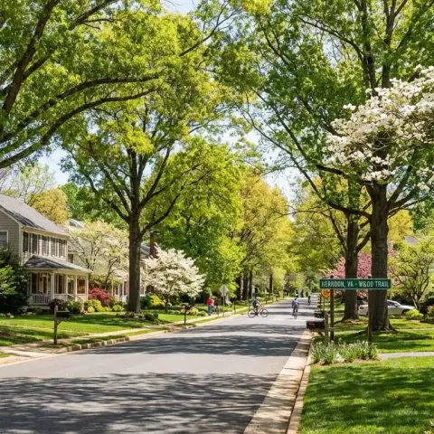 Tree-lined suburban street in Herndon Virginia with established homes near the W&OD Trail and Sugarland Run
