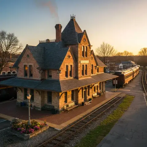 Historic train station at sunset