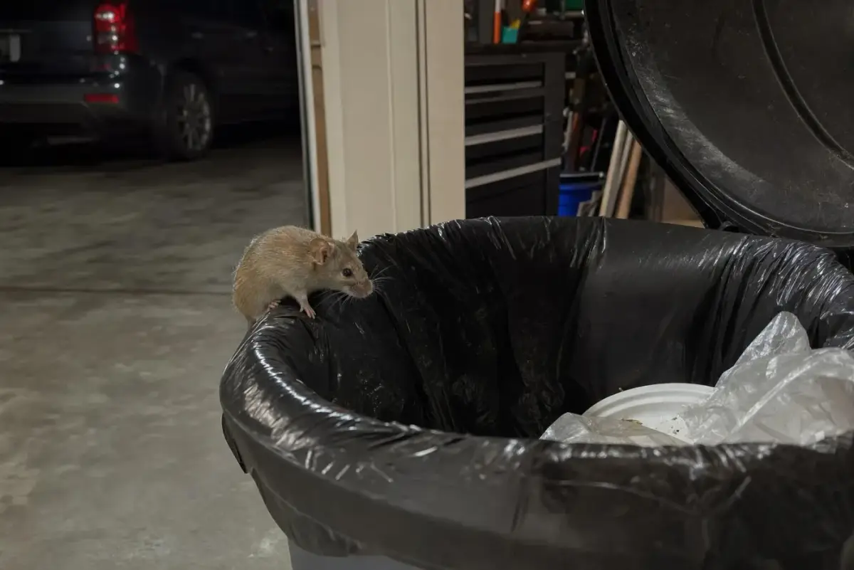 House mouse perched on the rim of an open trash can in a garage