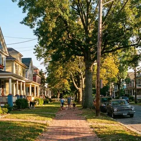 Tree-lined residential street in the Hyattsville Maryland historic district with Victorian and Craftsman homes and colorful front porches on a sunny afternoon