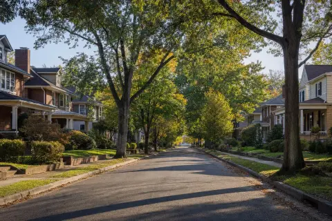 Tree-lined residential street of early 1900s bungalows and porch-front homes in Hyattsville, Maryland on an autumn morning