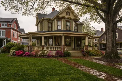 Victorian frame house with a deep wooden front porch and a mulched foundation bed on a tree-lined street in Hyattsville, Maryland