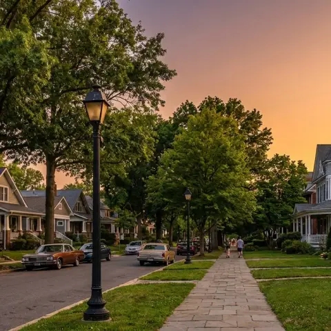 Tree-lined residential street with craftsman bungalows and Victorian homes in Hyattsville, Maryland