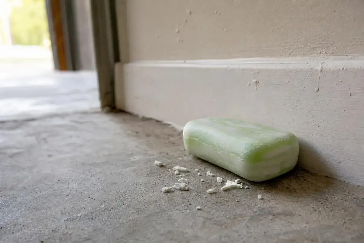 Green bar soap set against a garage baseboard as a homemade mouse repellent