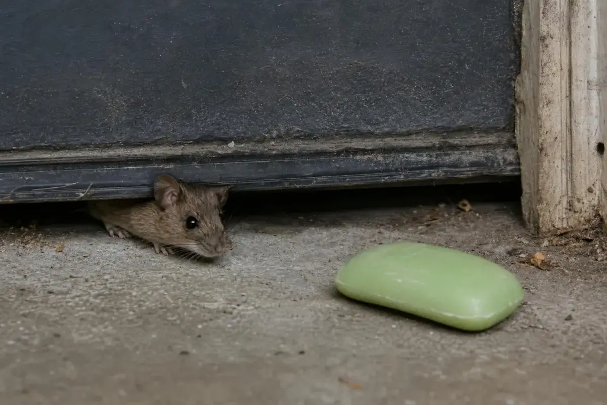 House mouse slipping under a garage door seal next to a bar of green soap