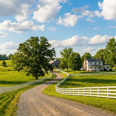 Rolling Virginia countryside in Jeffersonton, Culpeper County with green hills and mature trees