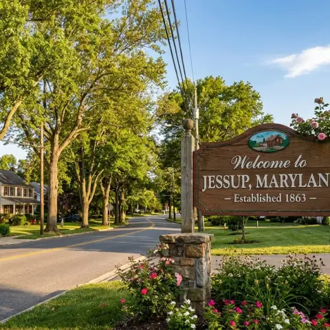 Welcome sign and tree-lined street in the Jessup Maryland community near the 20794 ZIP code