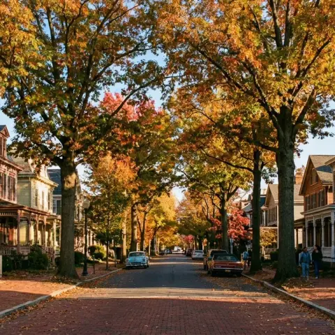 Tree-lined residential street in Kensington Maryland with Victorian and Craftsman-style homes