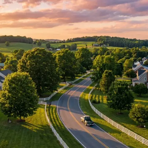 Charming rural-suburban neighborhood in King George County Virginia with colonial homes and mature hardwood trees at golden hour
