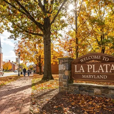 Welcome to La Plata, Maryland sign surrounded by mature hardwood trees and Southern Maryland small-town architecture