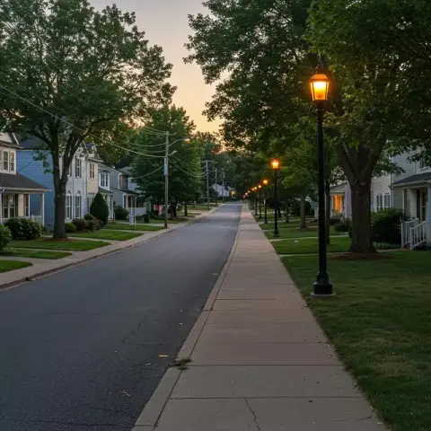 Quiet residential street at dusk