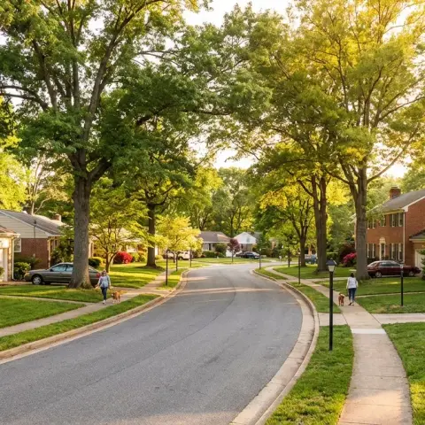 Tree-lined residential street in Laurel Maryland with rancher and colonial-style homes