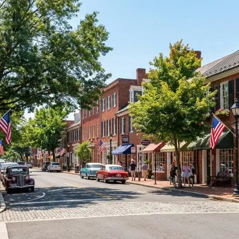 Historic downtown Leesburg, Virginia with brick buildings and tree-lined streets