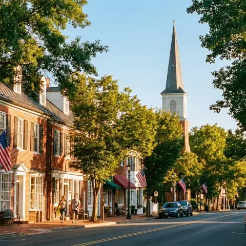 Historic downtown Leesburg Virginia with brick colonial storefronts, mature trees, and American flags along King Street