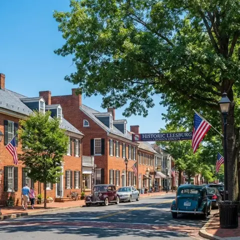 Historic downtown street in Leesburg Virginia with colonial brick buildings and mature trees in Loudoun County