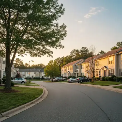 Residential street with parked cars at sunset