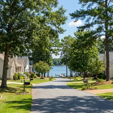 Suburban lakeside neighborhood in Locust Grove Virginia with mature trees and single-family homes near Lake of the Woods