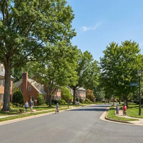 Suburban neighborhood with brick colonial homes and mature hardwood trees in Lorton Virginia